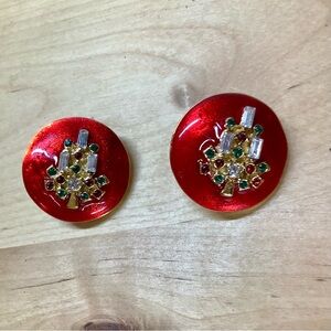 Christmas Candle Clip-On Earrings Gold tone Red Enamel Rhinestones 1" Vintage